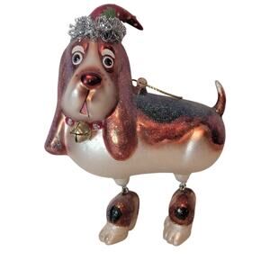 Vtg Christmas Dog Glass Ornament Whimsical Brown Cream Beagle Holiday Decor
